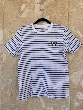 Uniqlo White & Black Striped Pocket Tee with Mickey & Minnie Embroidery
